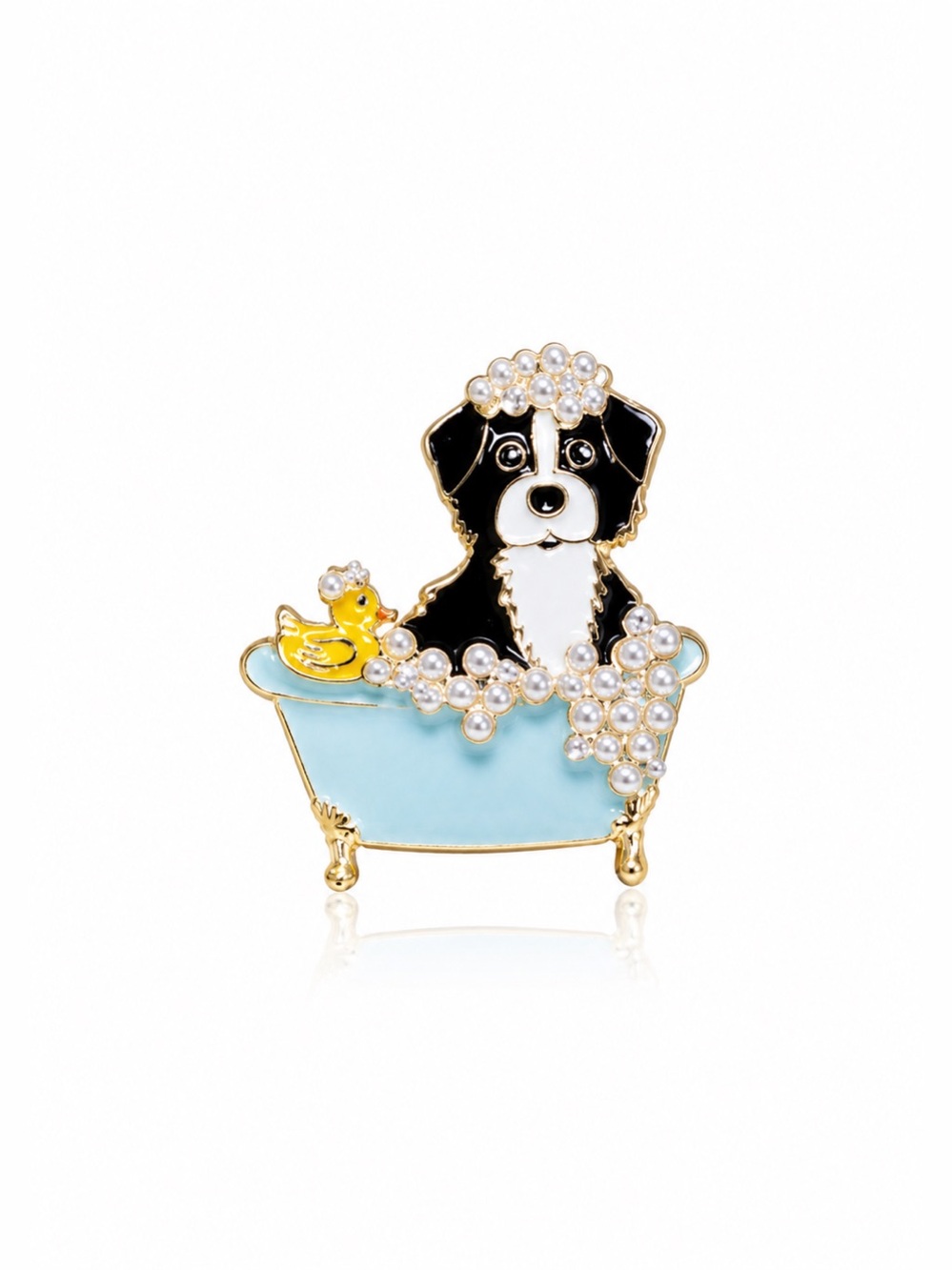 Black and White Dog Bath Enamel Pin with Blue Tub and Yellow Duck